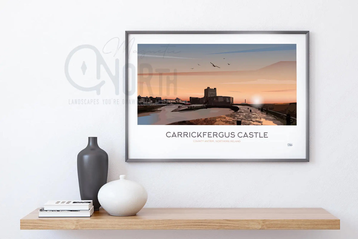 Carrickfergus Castle, travel print poster, County Antrim, Northern Ireland, Ireland, Print, Wedding gift, Christmas Gift