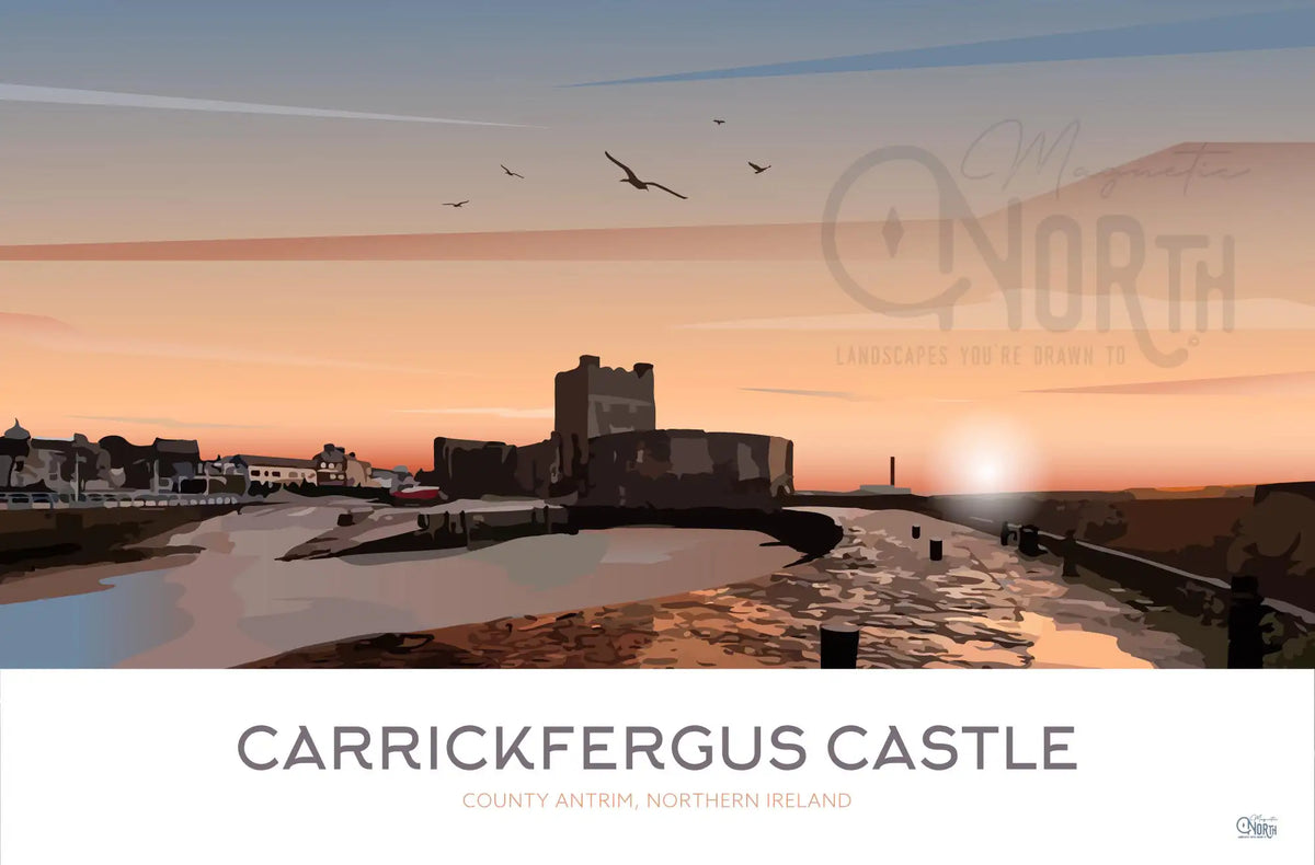 Carrickfergus Castle, travel print poster, County Antrim, Northern Ireland, Ireland, Print, Wedding gift, Christmas Gift