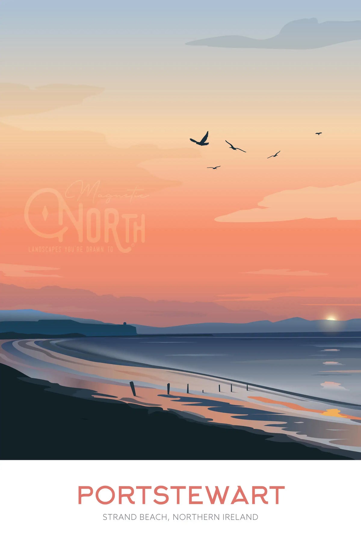 Portstewart Strand Beach, Art Print Travel Poster, Northern Ireland, Ireland, Travel Print, Wedding gift, Christmas Gift, landscapes
