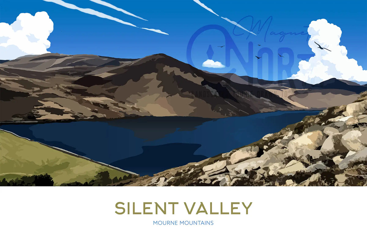 Mourne Mountains, Silent Valley, Art Print Travel Poster, Northern Ireland, Ireland, Print, Wedding gift, Christmas Gift, landscapes