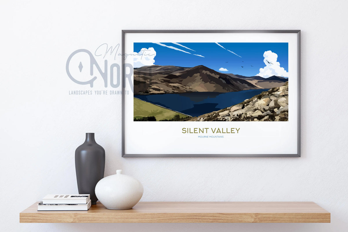 Mourne Mountains, Silent Valley, Art Print Travel Poster, Northern Ireland, Ireland, Print, Wedding gift, Christmas Gift, landscapes